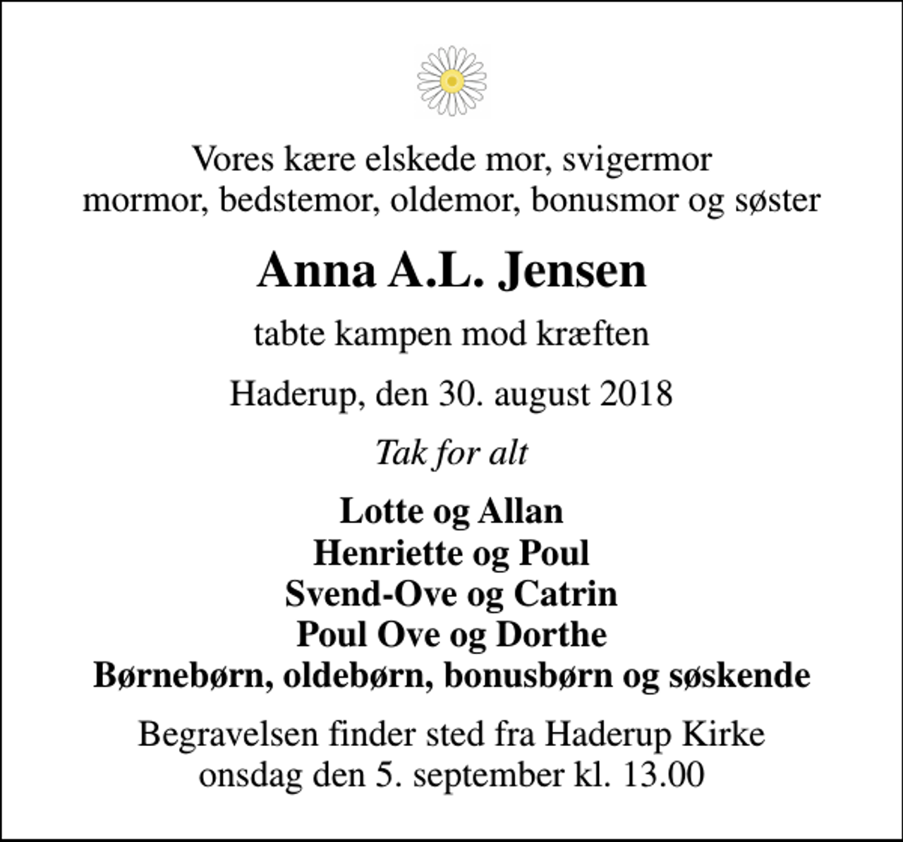 <p>Vores kære elskede mor, svigermor mormor, bedstemor, oldemor, bonusmor og søster<br />Anna A.L. Jensen<br />tabte kampen mod kræften<br />Haderup, den 30. august 2018<br />Tak for alt<br />Lotte og Allan Henriette og Poul Svend-Ove og Catrin Poul Ove og Dorthe Børnebørn, oldebørn, bonusbørn og søskende<br />Begravelsen finder sted fra Haderup Kirke onsdag den 5. september kl. 13.00</p>
