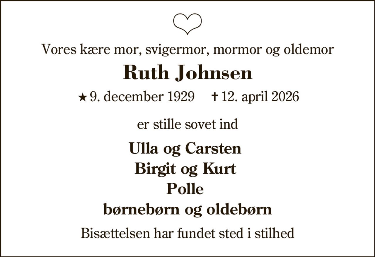 Ruth Johnsen 
★ 9. december 1929 
✝ 12. april 2026