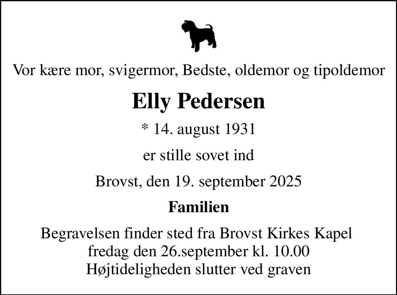 Vor kære mor, svigermor, Bedste, oldemor og tipoldemor
Elly Pedersen
* 14. august 1931
er stille sovet ind
Brovst, den 19. september 2025
Familien
Begravelsen finder sted fra Brovst Kirkes Kapel  fredag den 26.september kl. 10.00 Højtideligheden slutter ved graven