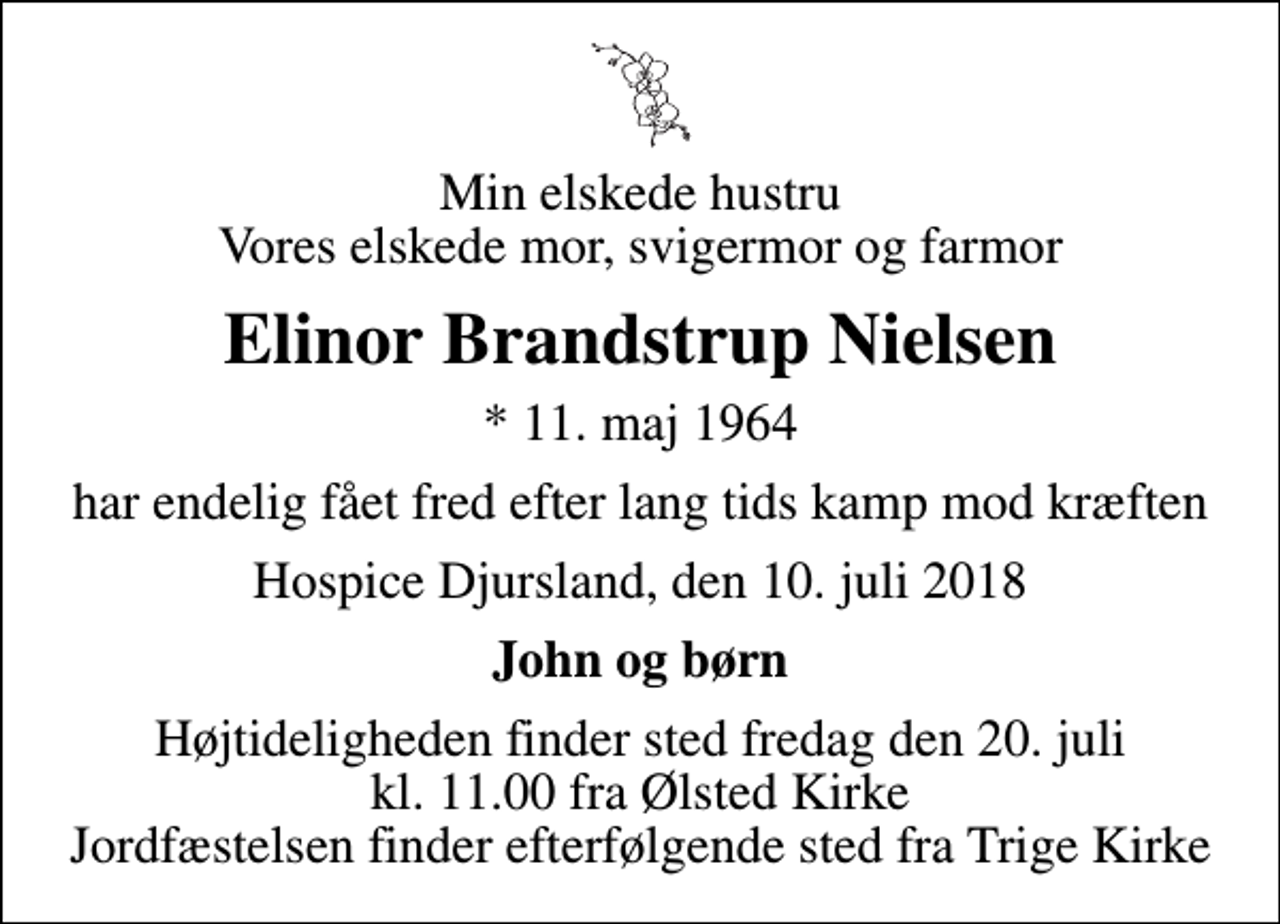<p>Min elskede hustru Vores elskede mor, svigermor og farmor<br />Elinor Brandstrup Nielsen<br />* 11. maj 1964<br />har endelig fået fred efter lang tids kamp mod kræften<br />Hospice Djursland, den 10. juli 2018<br />John og børn<br />Højtideligheden finder sted fredag den 20. juli kl. 11.00 fra Ølsted Kirke Jordfæstelsen finder efterfølgende sted fra Trige Kirke</p>