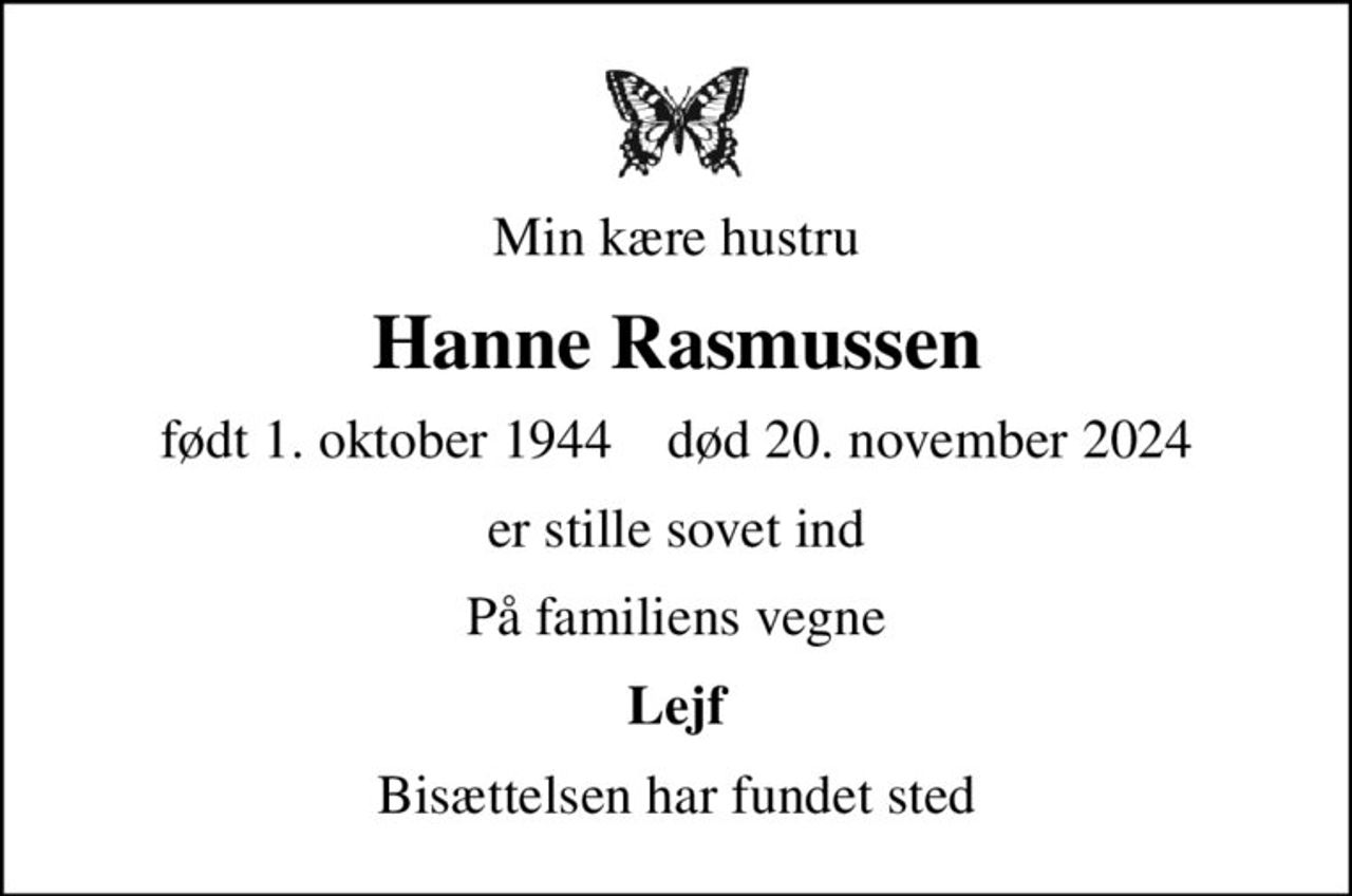 Hanne Rasmussen | Danmarks største medie for mindesider og dødsannoncer