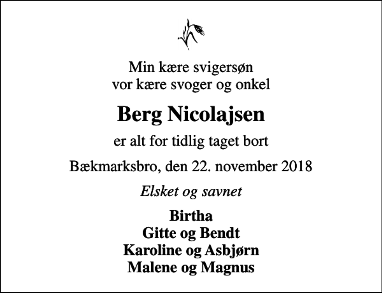 <p>Min kære svigersøn vor kære svoger og onkel<br />Berg Nicolajsen<br />er alt for tidlig taget bort<br />Bækmarksbro, den 22. november 2018<br />Elsket og savnet<br />Birtha Gitte og Bendt Karoline og Asbjørn Malene og Magnus</p>