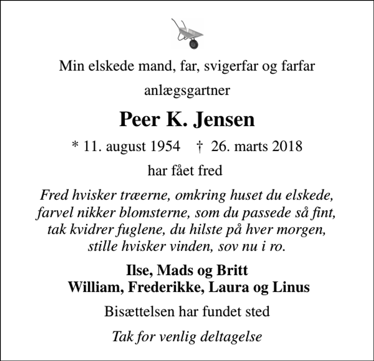 <p>Min elskede mand, far, svigerfar og farfar<br />anlægsgartner<br />Peer K. Jensen<br />* 11. august 1954 ✝ 26. marts 2018<br />har fået fred<br />Fred hvisker træerne, omkring huset du elskede, farvel nikker blomsterne, som du passede så fint, tak kvidrer fuglene, du hilste på hver morgen, stille hvisker vinden, sov nu i ro.<br />Ilse, Mads og Britt William, Frederikke, Laura og Linus<br />Bisættelsen har fundet sted<br />Tak for venlig deltagelse</p>