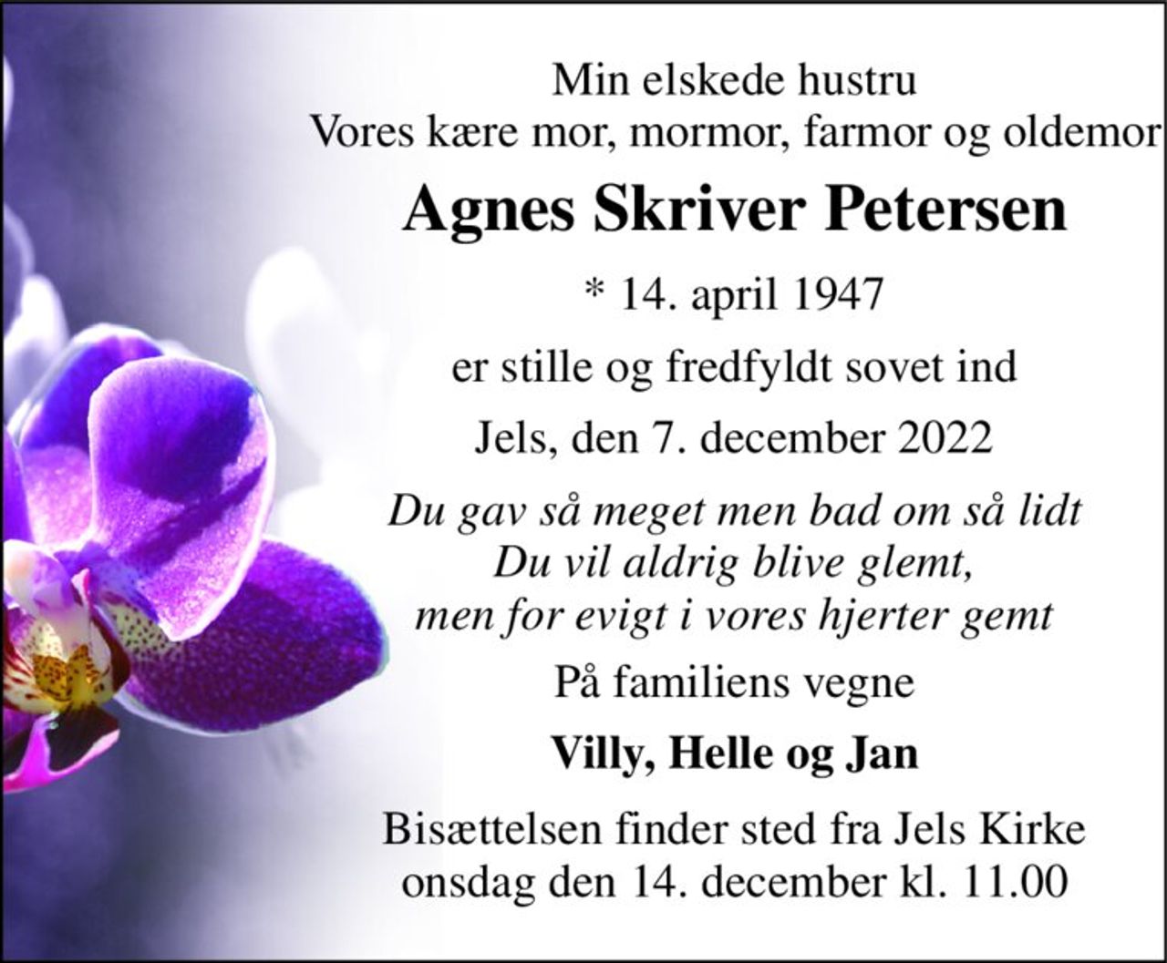 Min elskede hustru Vores kære mor, mormor, farmor og oldemor 
Agnes Skriver Petersen 
*​ 14. april 1947 
er stille og fredfyldt sovet ind 
Jels, den 7. december 2022 
Du gav så meget men bad om så lidt Du vil aldrig blive glemt, men for evigt i vores hjerter gemt 
På familiens vegne 
Villy, Helle og Jan 
Bisættelsen​ finder sted fra Jels Kirke​ onsdag den 14. december​ kl. 11.00