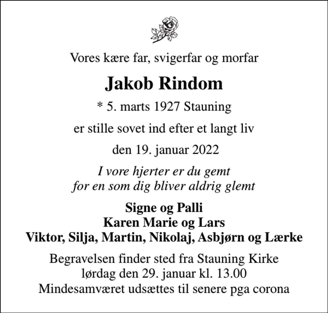 Jakob Rindom | Danmarks største medie for mindesider og dødsannoncer