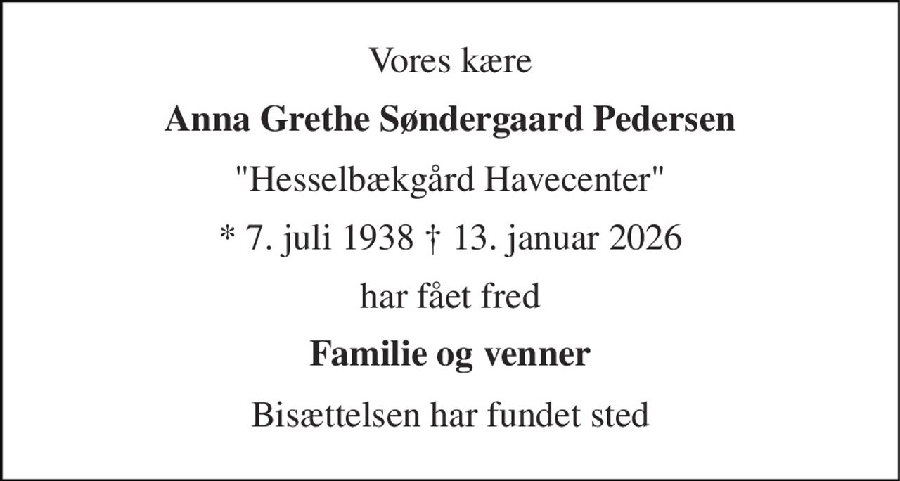 Vores kære 
Anna Grethe Søndergaard Pedersen 
"Hesselbækgård Havecenter" 
* 7. juli 1938 † 13. januar 2026 
har fået fred 
Familie og venner 
Bisættelsen har fundet sted