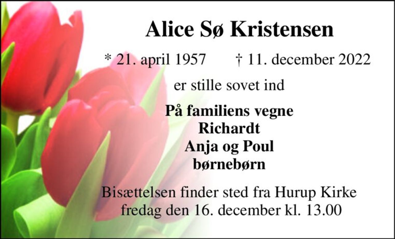 Alice Sø Kristensen​ 
* 21. april 1957 
† 11. december 2022 
er stille sovet ind 
På familiens vegne Richardt Anja og Poul børnebørn 
Bisættelsen​ finder sted fra Hurup Kirke  fredag den 16. december​ kl. 13.00