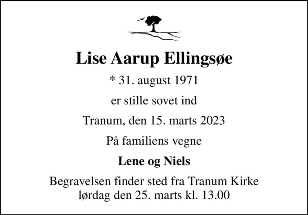 Lise Aarup Ellingsøe
* 31. august 1971
er stille sovet ind
Tranum, den 15. marts 2023
På familiens vegne
Lene og Niels
Begravelsen finder sted fra Tranum Kirke  lørdag den 25. marts kl. 13.00