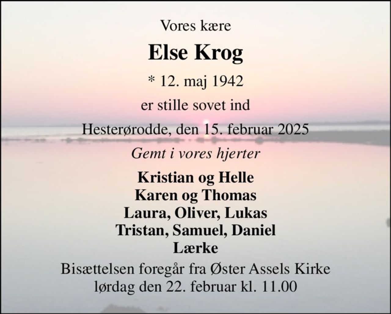 Vores kære 
Else Krog 
* 12. maj 1942 
er stille sovet ind 
Hesterørodde, den 15. februar 2025 
Gemt i vores hjerter 
Kristian og Helle Karen og Thomas Laura, Oliver, Lukas Tristan, Samuel, Daniel Lærke 
Bisættelsen foregår fra Øster Assels Kirke lørdag den 22. februar kl. 11.00