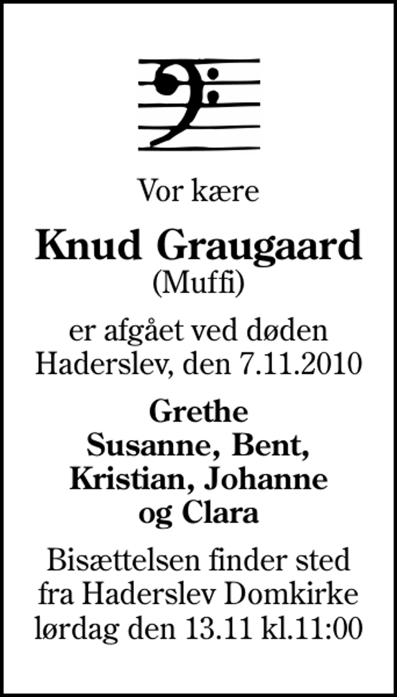 <p>Vor kære<br />Knud Graugaard<br />(Muffi)<br />er afgået ved døden Haderslev, den 7.11.2010<br />Grethe Susanne, Bent, Kristian, Johanne og Clara<br />Bisættelsen finder sted fra Haderslev Domkirke lørdag den 13.11 kl.11:00</p>