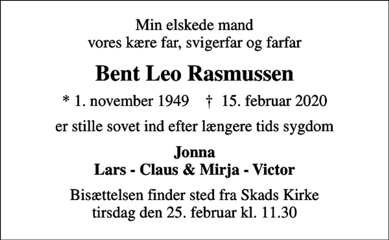 Bent Leo Rasmussen | Danmarks største medie for mindesider og dødsannoncer