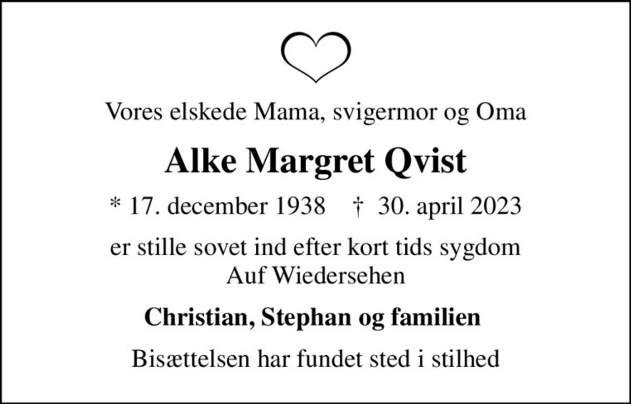 Alke Margret Qvist | Danmarks største medie for mindesider og dødsannoncer