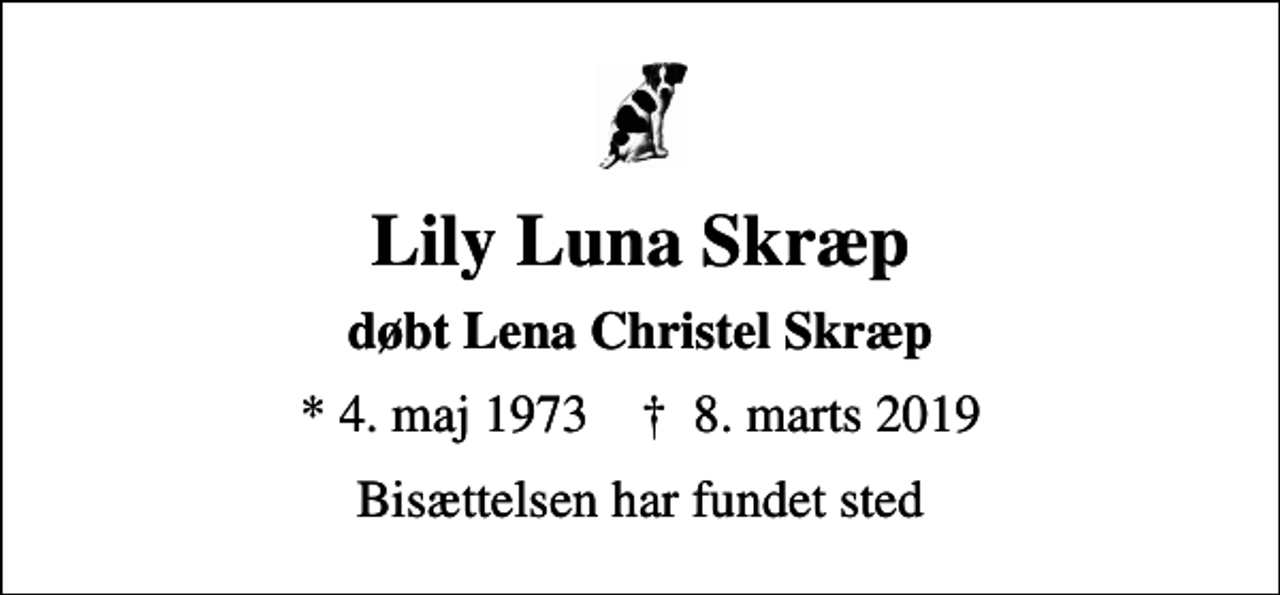 <p>Lily Luna Skræp<br />døbt Lena Christel Skræp<br />* 4. maj 1973 ✝ 8. marts 2019<br />Bisættelsen har fundet sted</p>