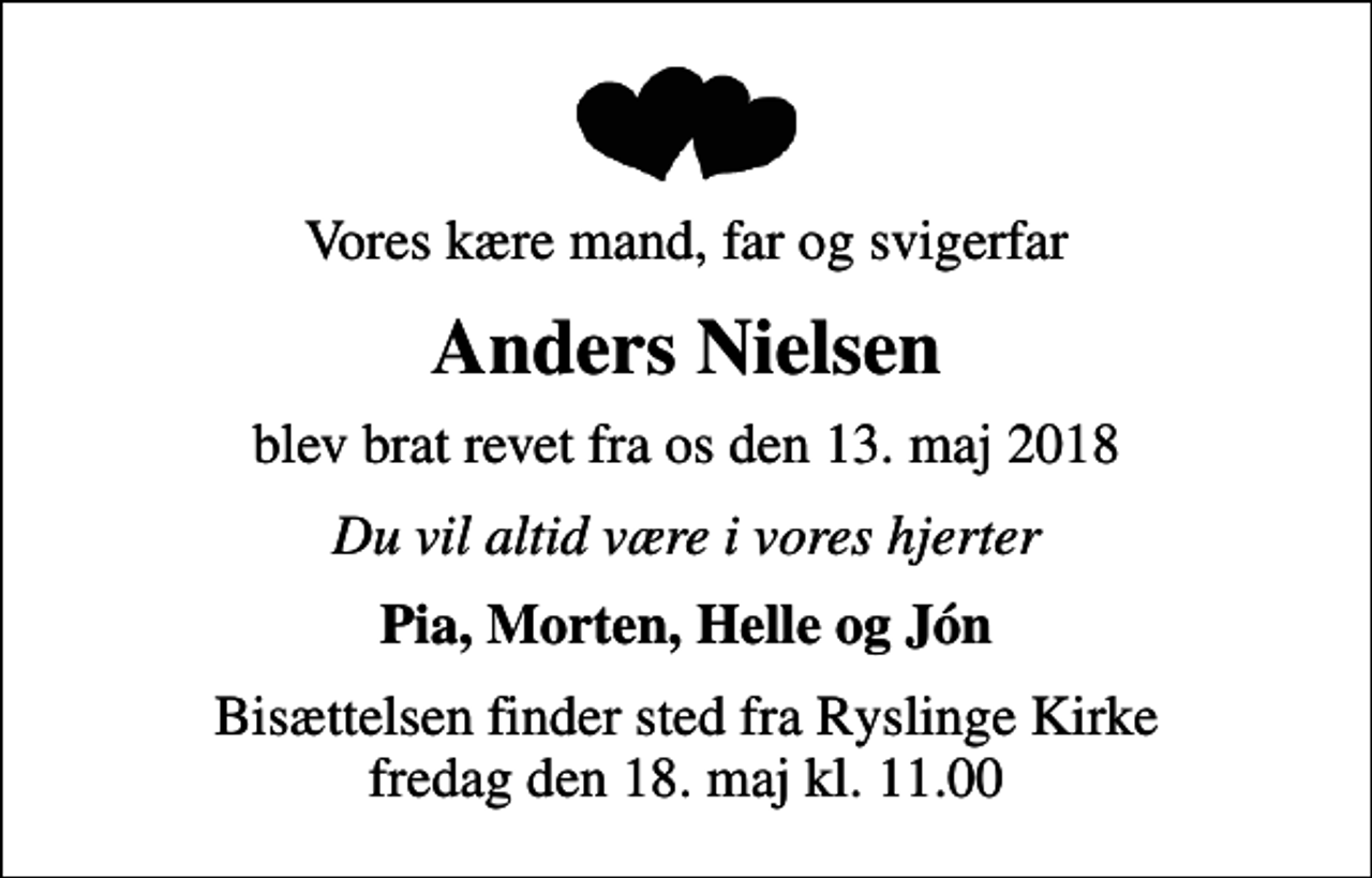 <p>Vores kære mand, far og svigerfar<br />Anders Nielsen<br />blev brat revet fra os den 13. maj 2018<br />Du vil altid være i vores hjerter<br />Pia, Morten, Helle og Jón<br />Bisættelsen finder sted fra Ryslinge Kirke fredag den 18. maj kl. 11.00</p>