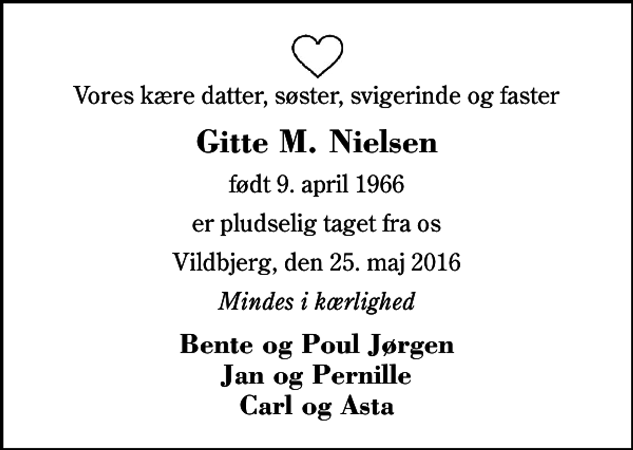<p>Vores kære datter, søster, svigerinde og faster<br />Gitte M. Nielsen<br />født 9. april 1966<br />er pludselig taget fra os<br />Vildbjerg, den 25. maj 2016<br />Mindes i kærlighed<br />Bente og Poul Jørgen Jan og Pernille Carl og Asta</p>