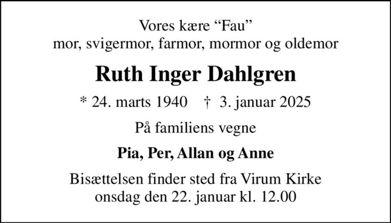 Ruth Inger Dahlgren | Dødsannoncer i Danmark