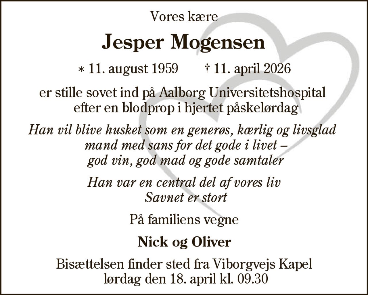 Jesper Giørtz Mogensen 
* 11. august 1959    ✝ 11. april 2026