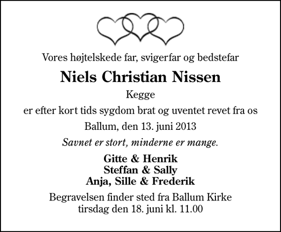 <p>Vores højtelskede far, svigerfar og bedstefar<br />Niels Christian Nissen<br />Kegge<br />er efter kort tids sygdom brat og uventet revet fra os<br />Ballum, den 13. juni 2013<br />Savnet er stort, minderne er mange.<br />Gitte &amp; Henrik Steffan &amp; Sally Anja, Sille &amp; Frederik<br />Begravelsen finder sted fra Ballum Kirke tirsdag den 18. juni kl. 11.00</p>