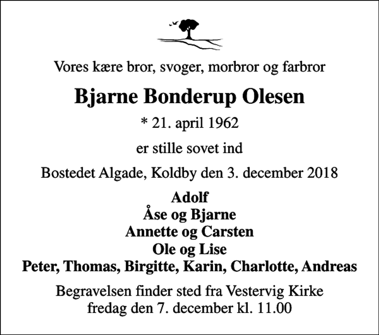 <p>Vores kære bror, svoger, morbror og farbror<br />Bjarne Bonderup Olesen<br />* 21. april 1962<br />er stille sovet ind<br />Bostedet Algade, Koldby den 3. december 2018<br />Adolf Åse og Bjarne Annette og Carsten Ole og Lise Peter, Thomas, Birgitte, Karin, Charlotte, Andreas<br />Begravelsen finder sted fra Vestervig Kirke fredag den 7. december kl. 11.00</p>