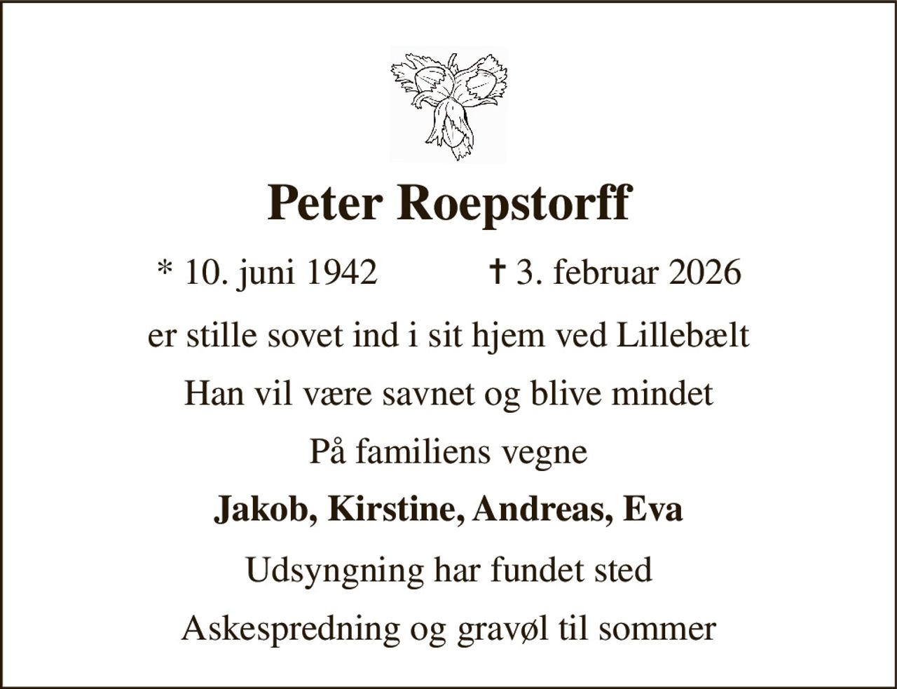 Peter Roepstorff 
* 10. juni 1942            ✝ 3. februar 2026 
er stille sovet ind i sit hjem ved Lillebælt 
Han vil være savnet og blive mindet 
På familiens vegne 
Jakob, Kirstine, Andreas, Eva 
Udsyngning har fundet sted 
Askespredning og gravøl til sommer