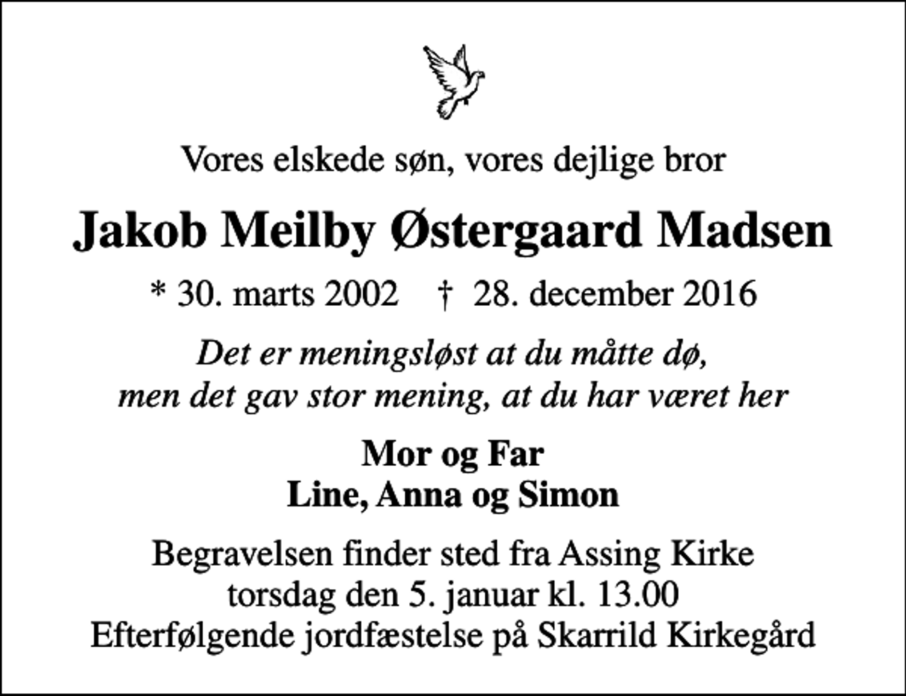 <p>Vores elskede søn, vores dejlige bror<br />Jakob Meilby Østergaard Madsen<br />* 30. marts 2002 ✝ 28. december 2016<br />Det er meningsløst at du måtte dø, men det gav stor mening, at du har været her<br />Mor og Far Line, Anna og Simon<br />Begravelsen finder sted fra Assing Kirke torsdag den 5. januar kl. 13.00 Efterfølgende jordfæstelse på Skarrild Kirkegård</p>
