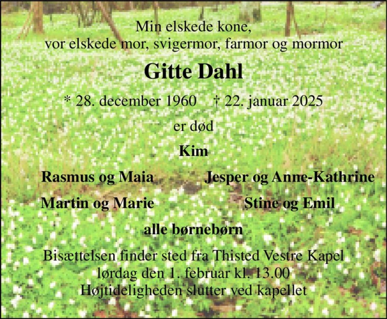 Min elskede kone, vor elskede mor, svigermor, farmor og mormor 
Gitte Dahl 
*​ 28. december 1960​    †​ 22. januar 2025 
er død 
Kim 
Rasmus og Maia 
Jesper og Anne-Kathrine 
Martin og Marie 
Stine og Emil 
alle børnebørn 
Bisættelsen​ finder sted fra Thisted Vestre Kapel​ lørdag den 1. februar​ kl. 13.00 Højtideligheden slutter ved kapellet