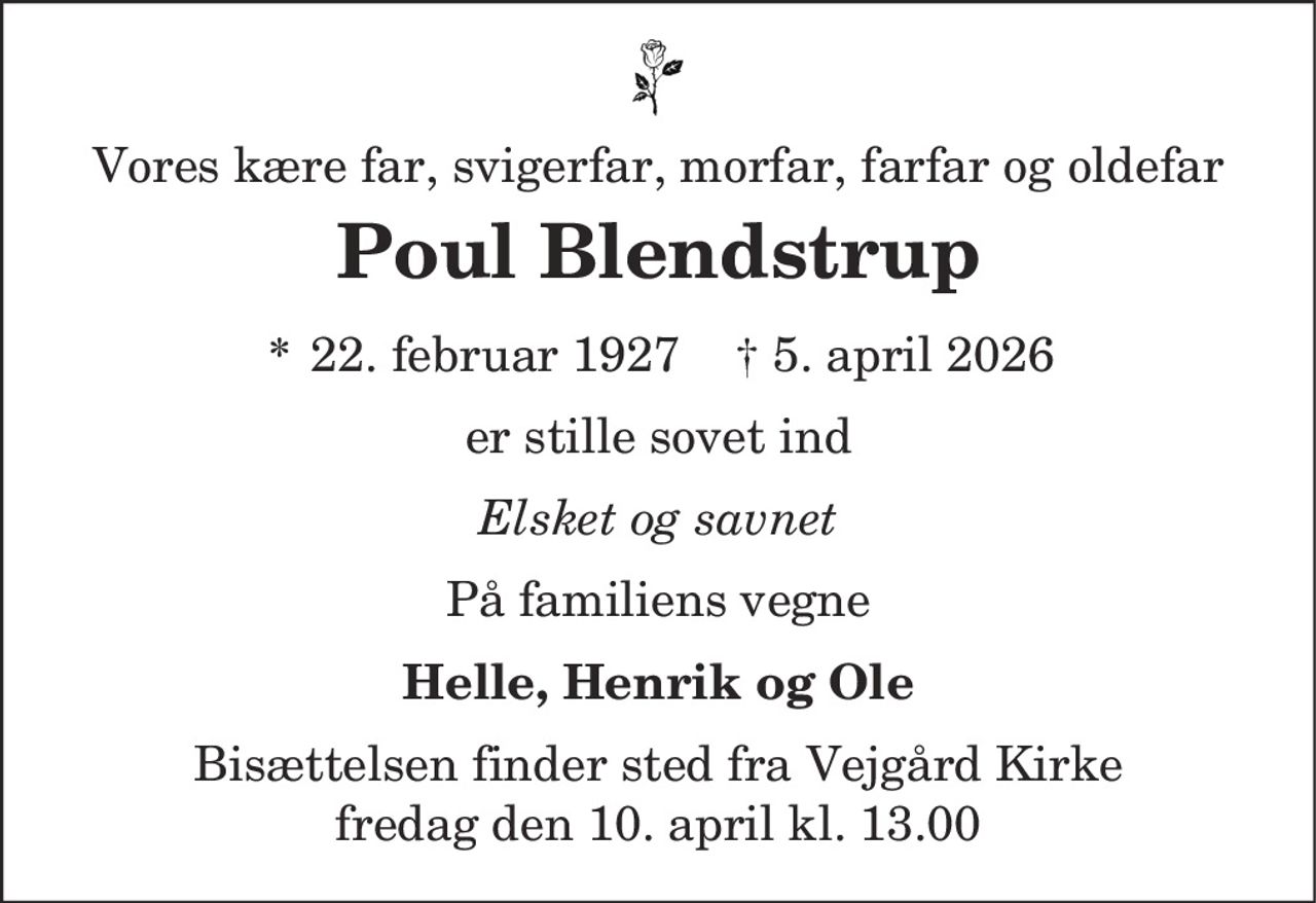 Poul Blendstrup 
* 22. februar 1927    ✝ 5. april 2026