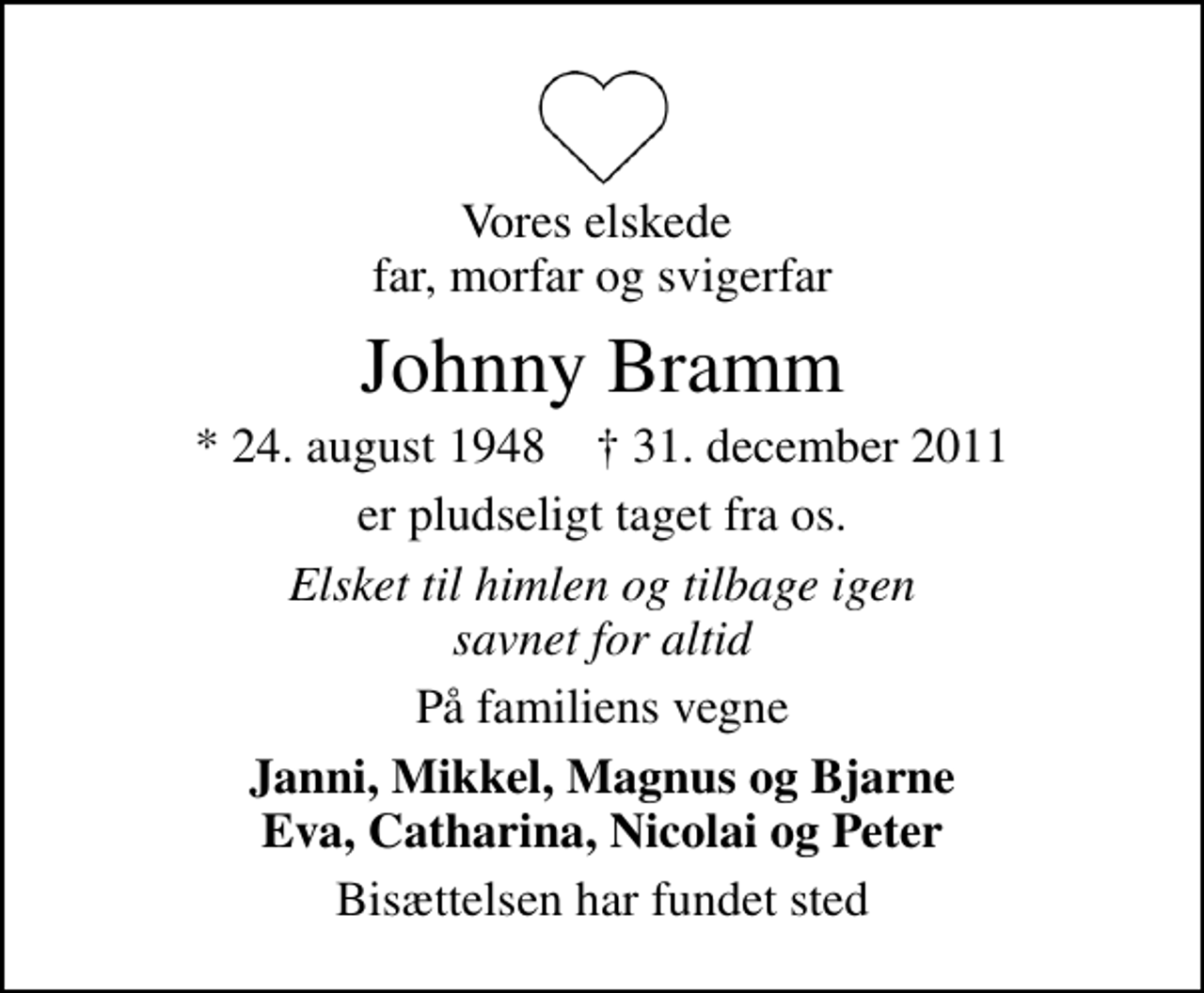 <p>Vores elskede far, morfar og svigerfar<br />Johnny Bramm<br />* 24. august 1948 ✝ 31. december 2011<br />er pludseligt taget fra os.<br />Elsket til himlen og tilbage igen savnet for altid<br />På familiens vegne<br />Janni, Mikkel, Magnus og Bjarne Eva, Catharina, Nicolai og Peter<br />Bisættelsen har fundet sted</p>