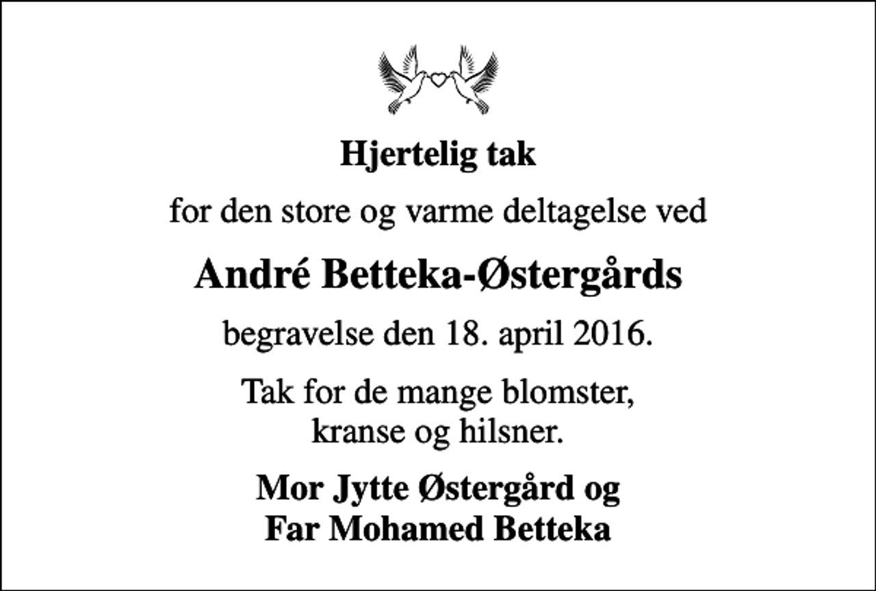 <p>Hjertelig tak<br />for den store og varme deltagelse ved<br />André Betteka-Østergårds<br />begravelse den 18. april 2016.<br />Tak for de mange blomster, kranse og hilsner.<br />Mor Jytte Østergård og Far Mohamed Betteka</p>