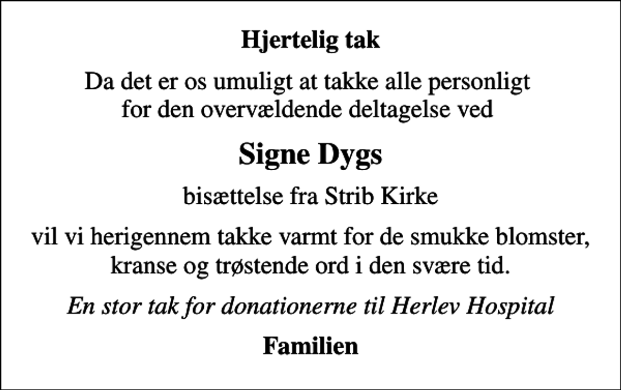 <p>Hjertelig tak<br />Da det er os umuligt at takke alle personligt for den overvældende deltagelse ved<br />Signe Dygs<br />bisættelse fra Strib Kirke<br />vil vi herigennem takke varmt for de smukke blomster, kranse og trøstende ord i den svære tid.<br />En stor tak for donationerne til Herlev Hospital<br />Familien</p>