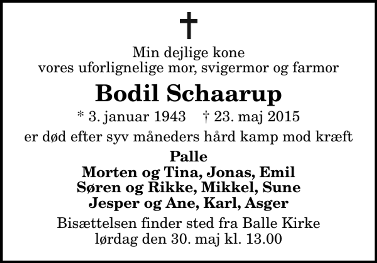 <p>Min dejlige kone vores uforlignelige mor, svigermor og farmor<br />Bodil Schaarup<br />* 3. januar 1943 ✝ 23. maj 2015<br />er død efter syv måneders hård kamp mod kræft<br />Palle Morten og Tina, Jonas, Emil Søren og Rikke, Mikkel, Sune Jesper og Ane, Karl, Asger<br />Bisættelsen finder sted fra Balle Kirke lørdag den 30. maj kl. 13.00</p>