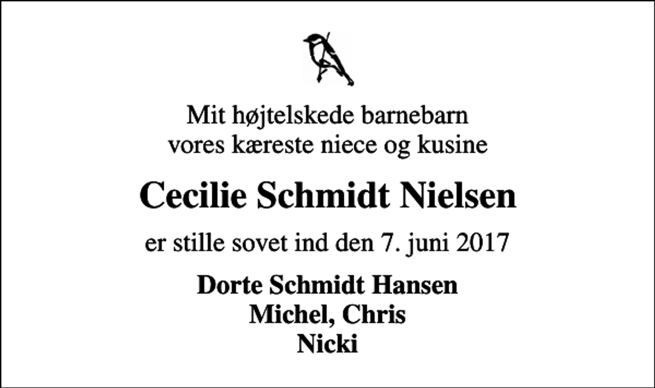 <p>Mit højtelskede barnebarn vores kæreste niece og kusine<br />Cecilie Schmidt Nielsen<br />er stille sovet ind den 7. juni 2017<br />Dorte Schmidt Hansen Michel, Chris Nicki</p>