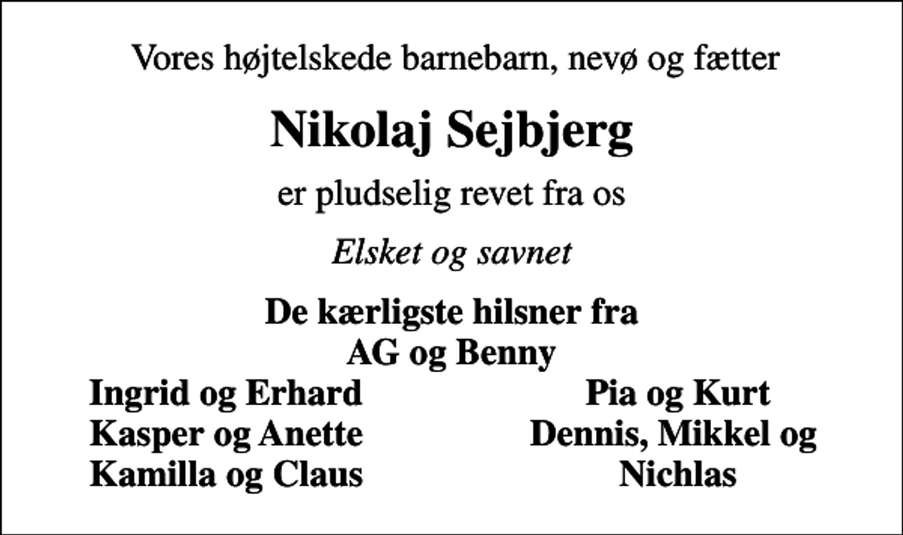 <p>Vores højtelskede barnebarn, nevø og fætter<br />Nikolaj Sejbjerg<br />er pludselig revet fra os<br />Elsket og savnet<br />De kærligste hilsner fra AG og Benny<br />Ingrid og Erhard<br />Pia og Kurt<br />Kasper og Anette<br />Dennis, Mikkel og<br />Kamilla og Claus<br />Nichlas</p>
