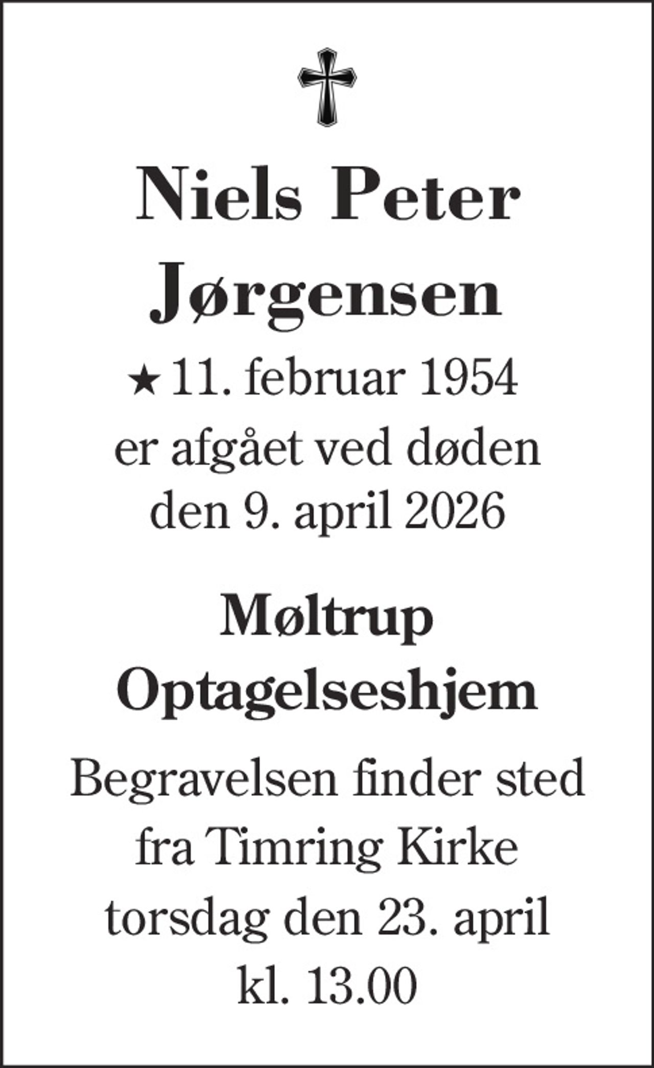 Niels Peter Jørgensen 
★ 11. februar 1954 ✝ 9. april 2026