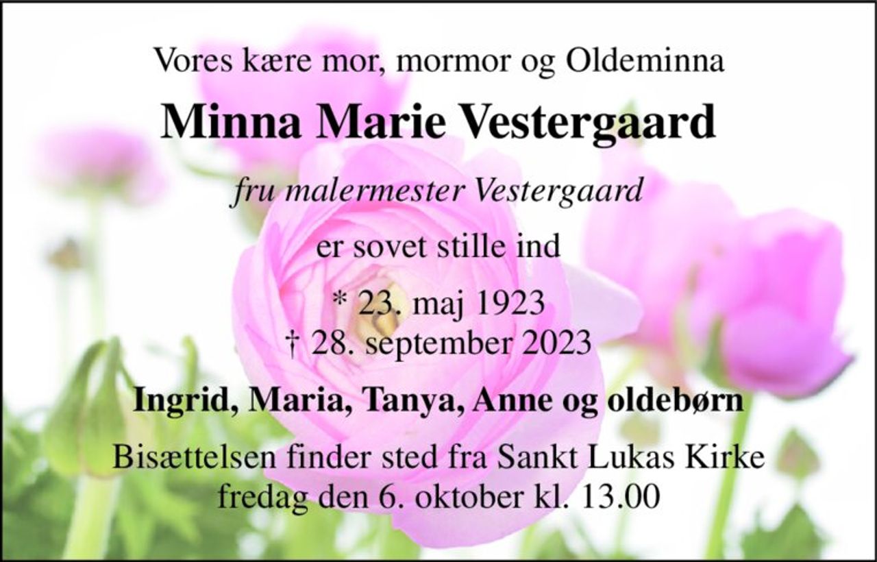 Minna Marie Vestergaard | Dødsannoncer i Danmark