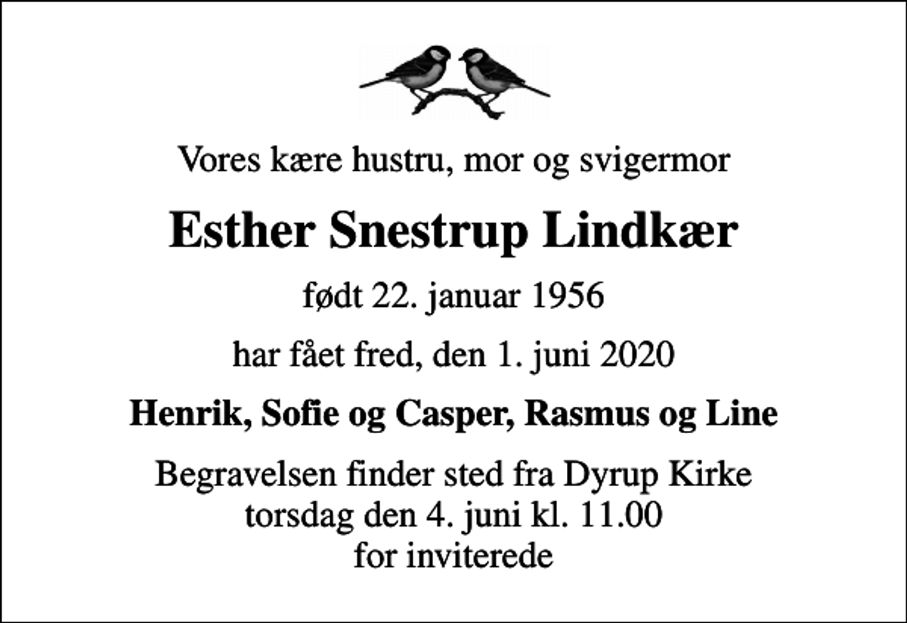 <p>Vores kære hustru, mor og svigermor<br />Esther Snestrup Lindkær<br />født 22. januar 1956<br />har fået fred, den 1. juni 2020<br />Henrik, Sofie og Casper, Rasmus og Line<br />Begravelsen finder sted fra Dyrup Kirke torsdag den 4. juni kl. 11.00 for inviterede</p>