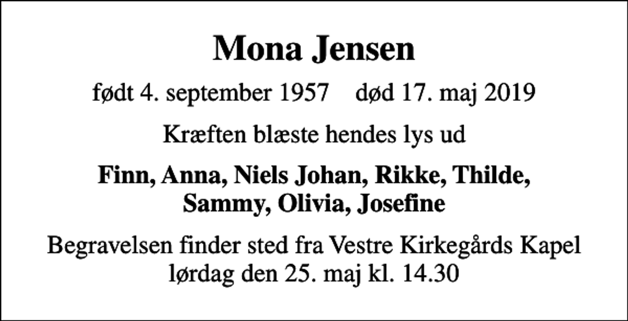 <p>Mona Jensen<br />født 4. september 1957 død 17. maj 2019<br />Kræften blæste hendes lys ud<br />Finn, Anna, Niels Johan, Rikke, Thilde, Sammy, Olivia, Josefine<br />Begravelsen finder sted fra Vestre Kirkegårds Kapel lørdag den 25. maj kl. 14.30</p>