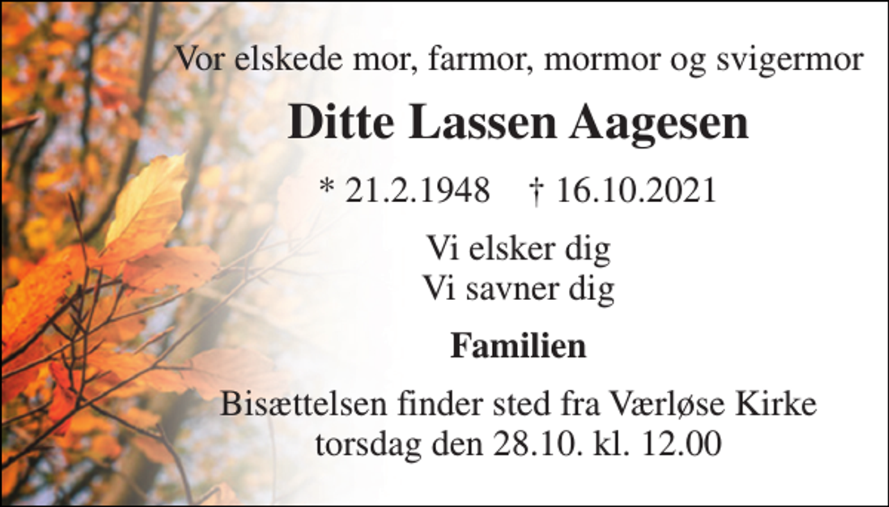 <p>Vor elskede mor, farmor, mormor og svigermor<br />Ditte Lassen Aagesen<br />*​ 21.2.1948​ ✝​ 16.10.2021<br />Vi elsker dig Vi savner dig<br />Familien<br />Bisættelsen​ finder sted fra Værløse Kirke​ torsdag den 28.10​. kl. 12.00</p>