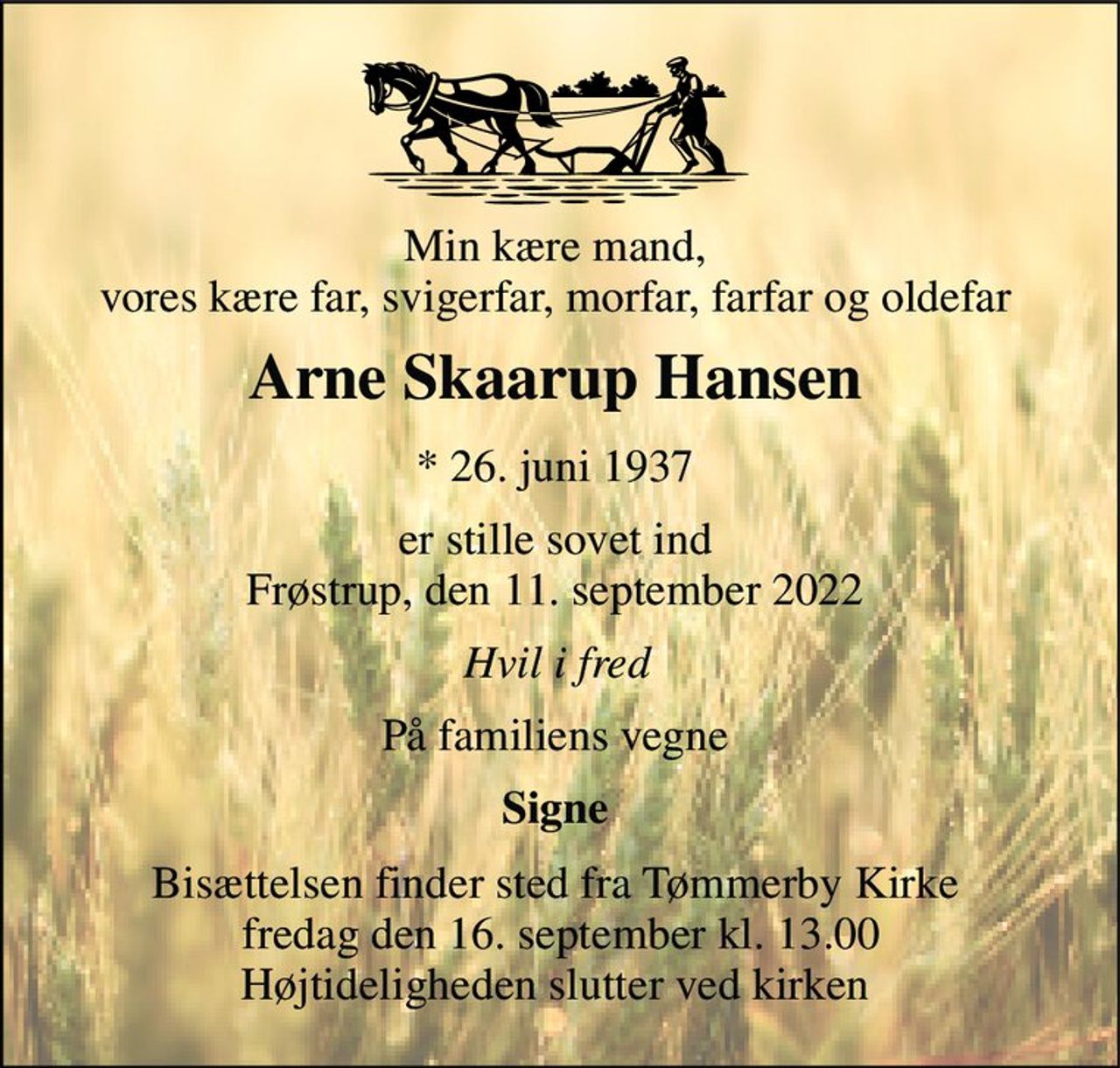 Min kære mand, vores kære far, svigerfar, morfar, farfar og oldefar 
Arne Skaarup Hansen​ 
*​ 26. juni 1937​ 
er stille sovet ind Frøstrup, den 11. september 2022 
Hvil i fred 
På familiens vegne 
Signe 
Bisættelsen​ finder sted fra Tømmerby Kirke  fredag den 16. september​ kl. 13.00 Højtideligheden slutter ved kirken