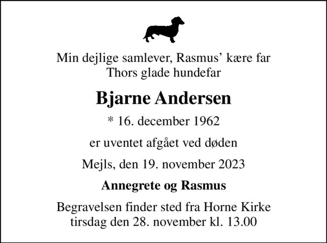 Min dejlige samlever, Rasmus kære far Thors glade hundefar
Bjarne Andersen
* 16. december 1962
er uventet afgået ved døden
Mejls, den 19. november 2023
Annegrete og Rasmus
Begravelsen finder sted fra Horne Kirke  tirsdag den 28. november kl. 13.00