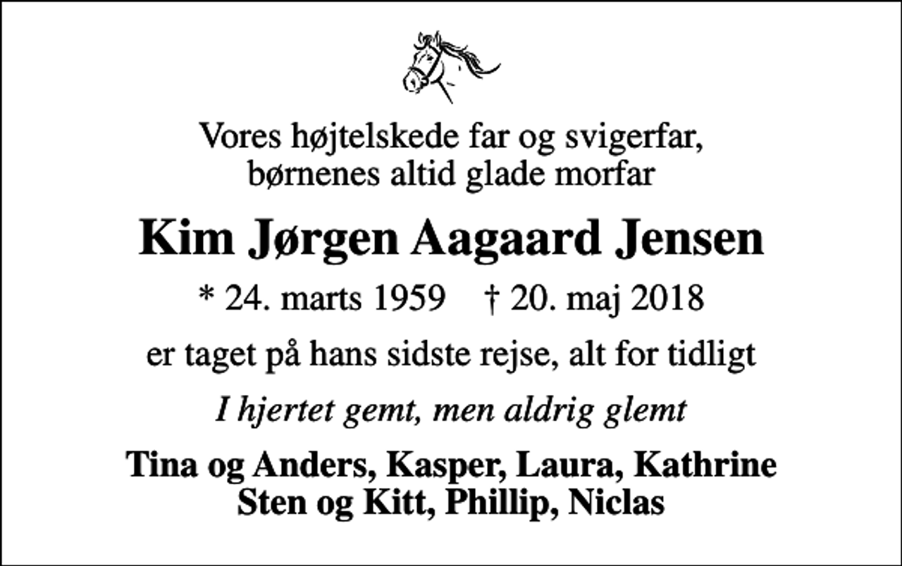 <p>Vores højtelskede far og svigerfar, børnenes altid glade morfar<br />Kim Jørgen Aagaard Jensen<br />* 24. marts 1959 ✝ 20. maj 2018<br />er taget på hans sidste rejse, alt for tidligt<br />I hjertet gemt, men aldrig glemt<br />Tina og Anders, Kasper, Laura, Kathrine Sten og Kitt, Phillip, Niclas</p>