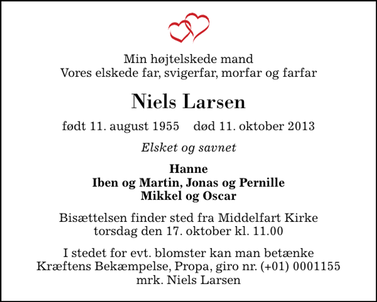 <p>Min højtelskede mand Vores elskede far, svigerfar, morfar og farfar<br />Niels Larsen<br />født 11. august 1955 død 11. oktober 2013<br />Elsket og savnet<br />Hanne Iben og Martin, Jonas og Pernille Mikkel og Oscar<br />Bisættelsen finder sted fra Middelfart Kirke torsdag den 17. oktober kl. 11.00<br />I stedet for evt. blomster kan man betænke<br />Kræftens Bekæmpelse, Propa reg.nr.4183konto0001155mrk. Niels<br />Larsen</p>