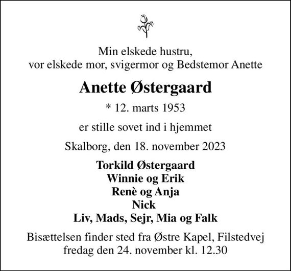 Min elskede hustru, vor elskede mor, svigermor og Bedstemor Anette
Anette Østergaard
* 12. marts 1953
er stille sovet ind i hjemmet
Skalborg, den 18. november 2023
Torkild Østergaard Winnie og Erik Renè og Anja Nick  Liv, Mads, Sejr, Mia og Falk
Bisættelsen finder sted fra Østre Kapel, Filstedvej  fredag den 24. november kl. 12.30