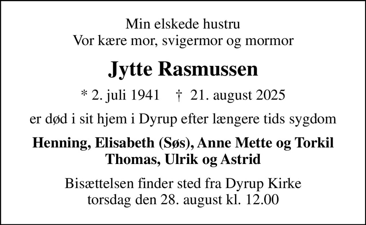Jytte Rasmussen | Dødsannoncer i Danmark