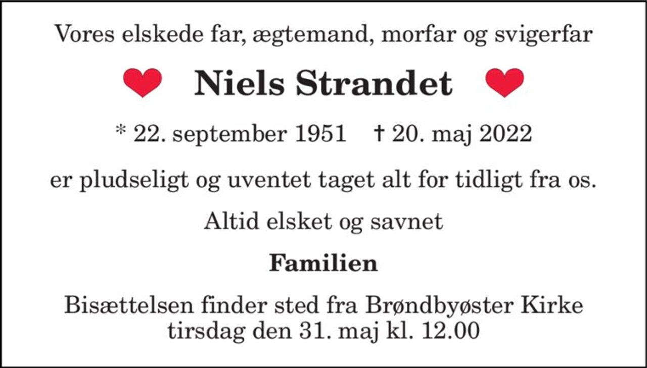 Vores elskede far, ægtemand, morfar og svigerfar 
Niels Strandet 
* 22. september 1951    ✝ 20. maj 2022 
er pludseligt og uventet taget alt for tidligt fra os. 
Altid elsket og savnet 
Familien 
Bisættelsen finder sted fra Brøndbyøster Kirke tirsdag den 31. maj kl. 12.00