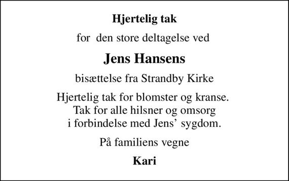 Jens Hansen Dødsannoncer i Danmark