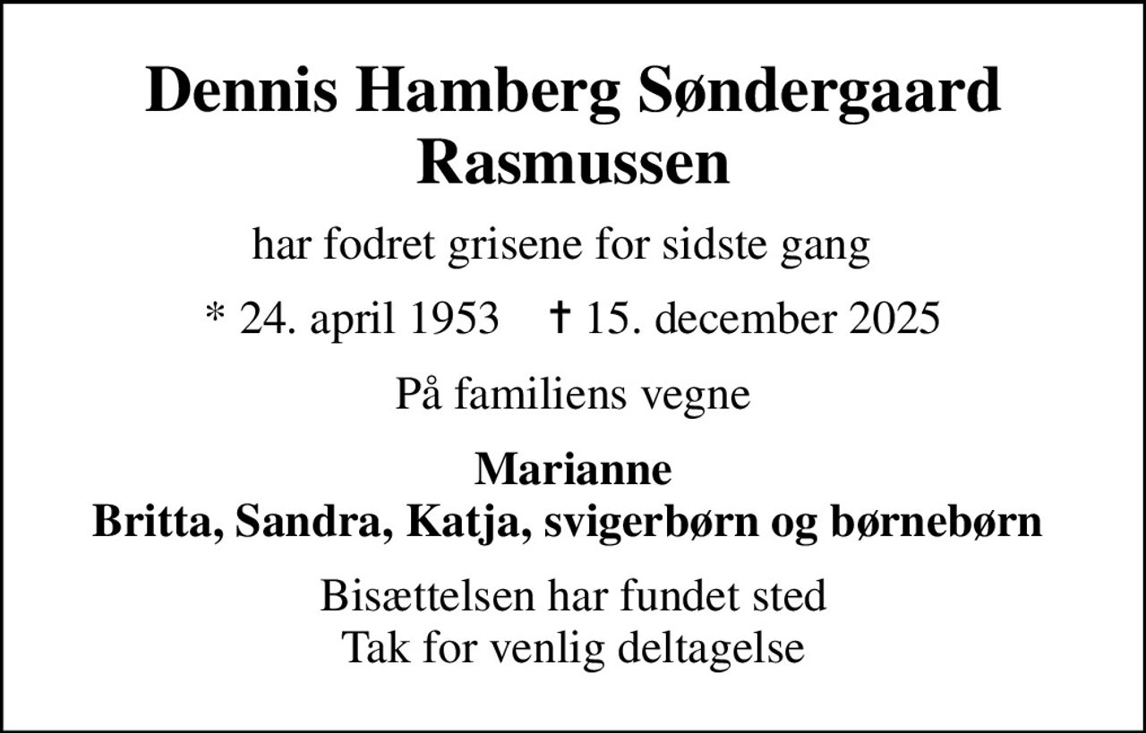 Dennis Hamberg Søndergaard Rasmussen
har fodret grisene for sidste gang  
* 24. april 1953    ✝ 15. december 2025
På familiens vegne
Marianne Britta, Sandra, Katja, svigerbørn og børnebørn 
Bisættelsen har fundet sted Tak for venlig deltagelse