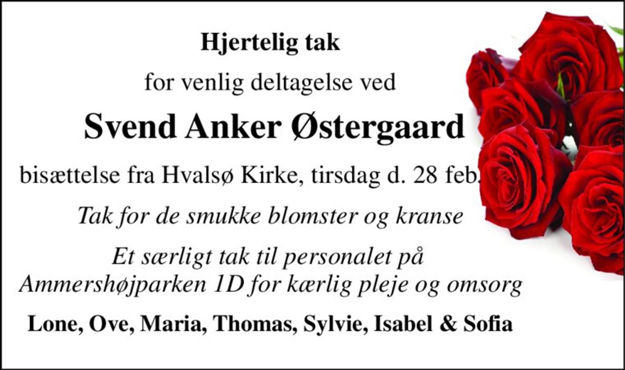 Hjertelig tak 
for venlig deltagelse ved 
Svend Anker Østergaard​ 
bisættelse fra Hvalsø Kirke, tirsdag d. 28 feb. 
Tak for de smukke blomster og kranse 
Et særligt tak til personalet på  Ammershøjparken 1D for kærlig pleje og omsorg 
Lone, Ove, Maria, Thomas, Sylvie, Isabel & Sofia