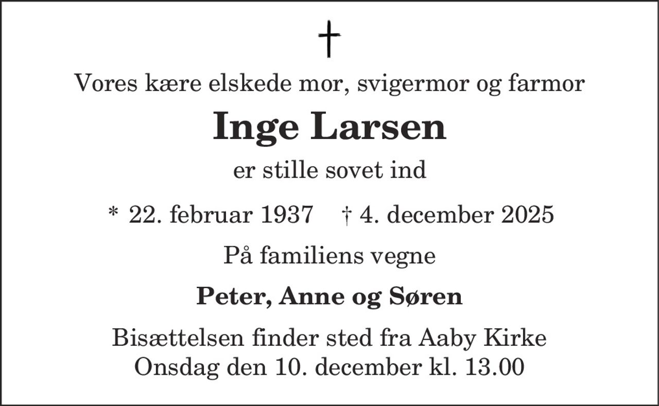 Inge Larsen 
* 22. februar 1937 
✝ 4. december 2025