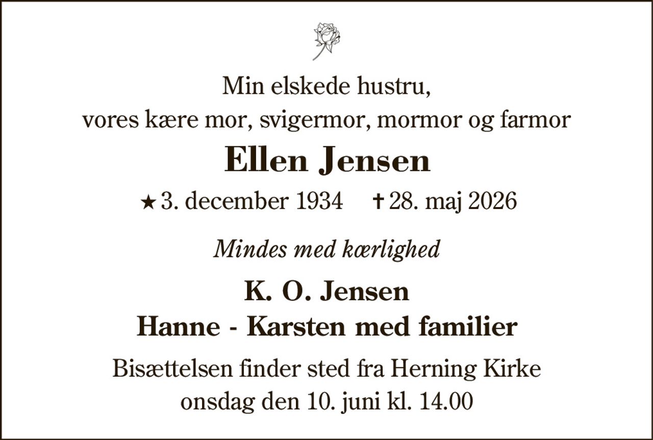 Ellen Marie Karoline Jensen 
★ 3. december 1934 
✝ 28. maj 2026
